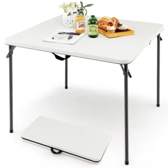 Costway Folding Camping Table Portable HDPE Outdoor Picnic Dining Table w/ Handle White\Grey image {11}