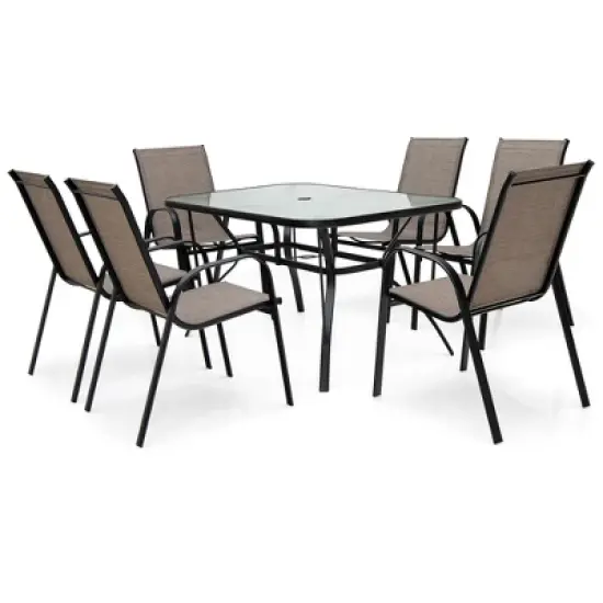 Costway 7PCS Patio Dining Set 6 Stackable Chairs Glass Table Umbrella Hole Yard image {8}