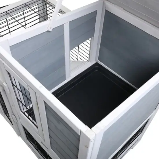 DOMETOUR Wooden Rabbit Hutch, Outdoor Pet Bunny House Wooden Cage with Ventilation Gridding Fence, Openable Door, Cleaning Tray, Gray image {11}