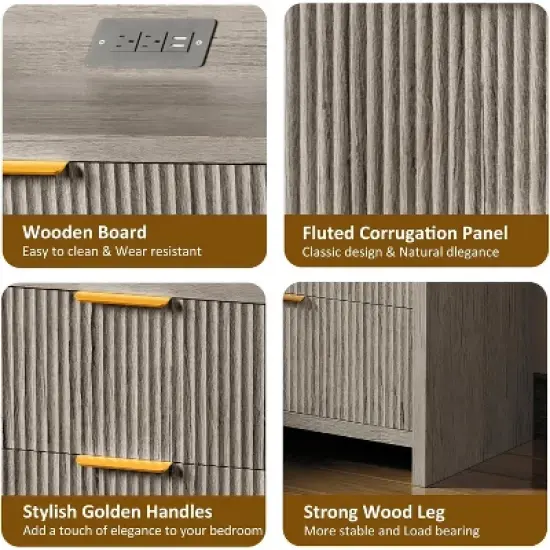 Boersma Fluted Nightstand Set of 2, 23" Modern Night Stand with Charging Station,Side Table with 2 Drawers,End Table with Storage,Farmhouse Sofa image {5}