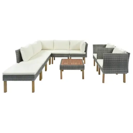 9pc Wicker & Acacia Wood Patio Conversation Set with Cushions - Beige - GODEER image {4}