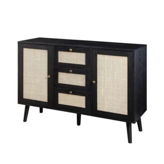 Modern Boho Wood and Rattan Storage Sideboard Black - Saracina Home image {6}