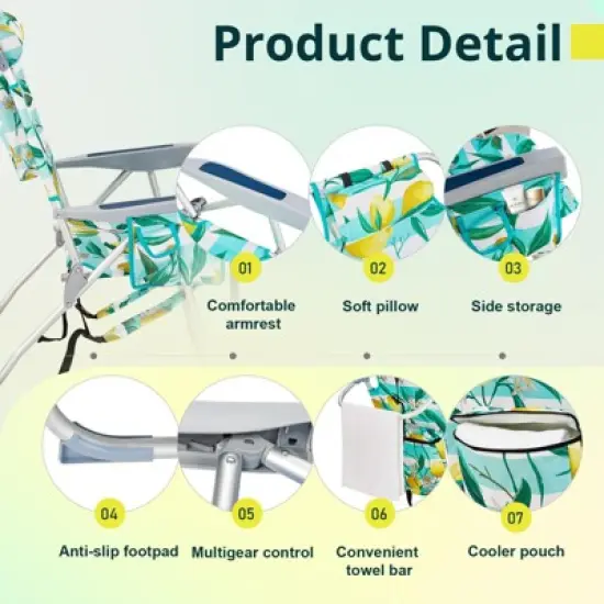FURNIinspire Outdoor Portable Chair Adjustable Back and Extra Storage for Comfort and Relaxation, Lemon, 24.8"*27.56"*38.89" image {2}