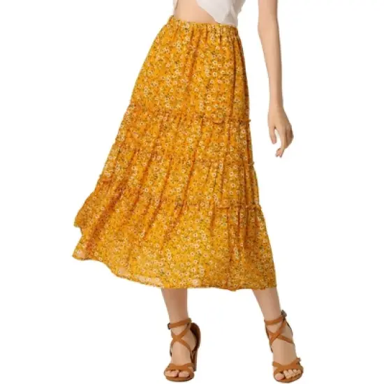 Allegra K Women's Floral Elastic Waist Tiered Ruffle Boho Midi Skirts image {17}