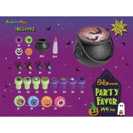 Fun Little Toys 144pcs Prefilled Cauldrons with Halloween Toy Witch Fingers Rings Stickers Stamps Bouncy Balls, Bulk Mini Cauldrons Gifts image {4}