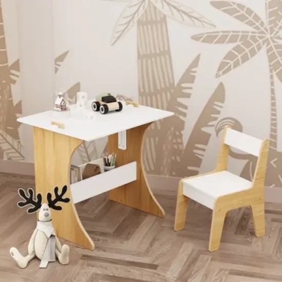 Yinvani White Multifunctional Wood 2 Piece Toddler Table with 1 Chairs Set image {3}