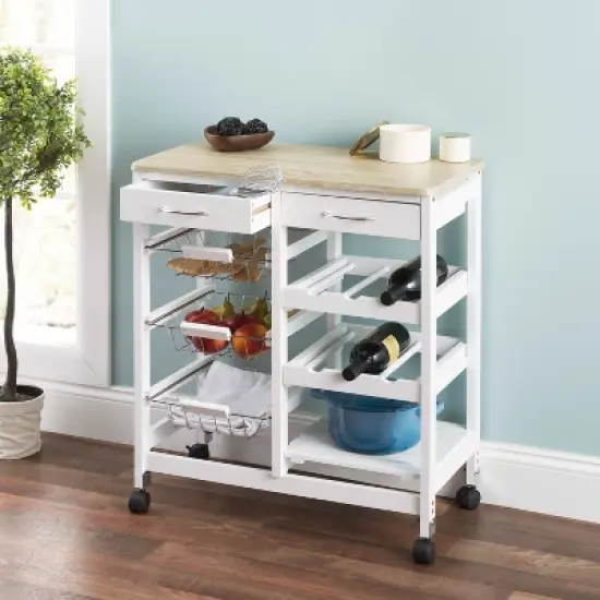 Home Basics Oak Top Rolling Kitchen Trolley with Two Drawers and Two Baskets, White image {1}