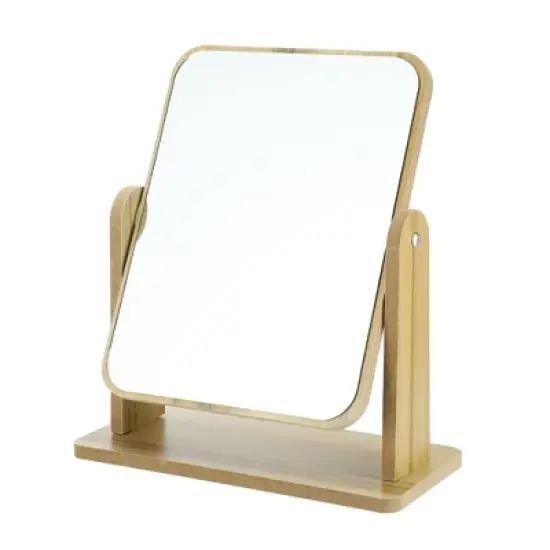 Unique Bargains Natural Wooden Rotating Makeup Mirror Beige 1 Pc image {7}