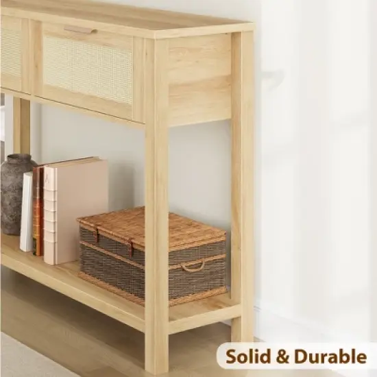 Entryway Table with Drawers, Rattan Console Table with Storage, Boho 2-Tier Sofa Table for Living Room and Hallway image {7}