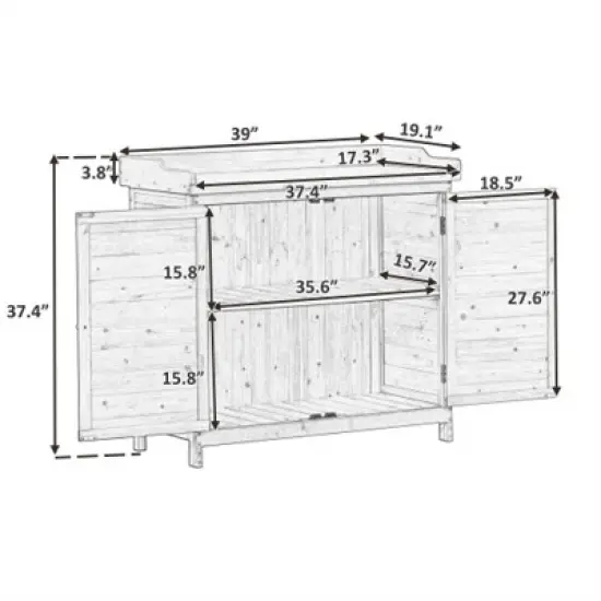 SKRAN Outdoor 39" Potting Bench Table, Rustic Garden Wood Workstation Storage Cabinet Garden Shed with 2-Tier Shelves and Side Hook, Grey image {2}