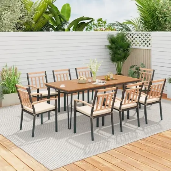 Tangkula 9 PCS Patio Dining Set w/ Rectangular Acacia Wood Dining Table 8 Cushioned Chairs image {1}