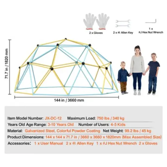 VEVOR Climbing Dome,Jungle Gym Supports 750LBS and Easy Assembly, 12FT Geometric Dome Climber Play Center for Kids 3 to 10 Years Old image {7}