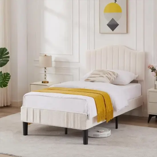 VECELO Bed Frame, Upholstered Platform Bed with Soft Teddy Fabric Adjustable Headboard, Beige/Gray image {3}