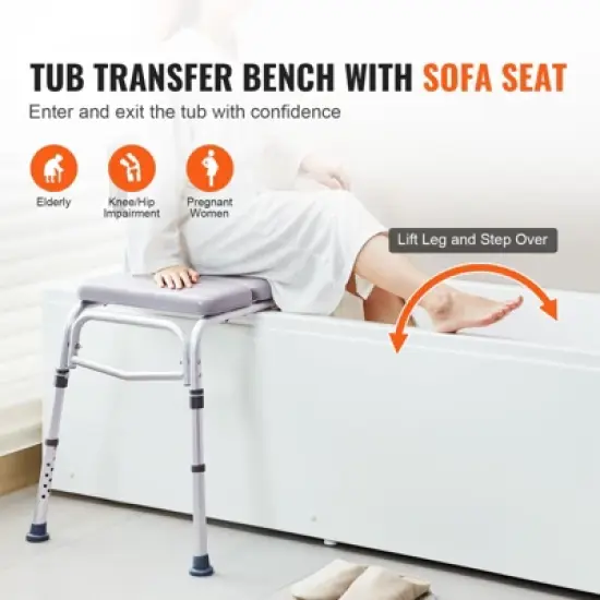VEVOR Tub Transfer Bench for Bathtub 500lbs, Shower Seats for Adults, Lightweight Shower Bench for Elderly and Disabled with Padded Seat, Grey image {2}