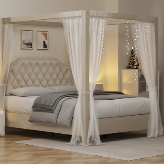 Canopy Bed Frame with Upholstered Headboard, Four Poster Design, Button Tufted, and Slide Rail, No Box Spring Required, Wooden Slatted Structure image {2}
