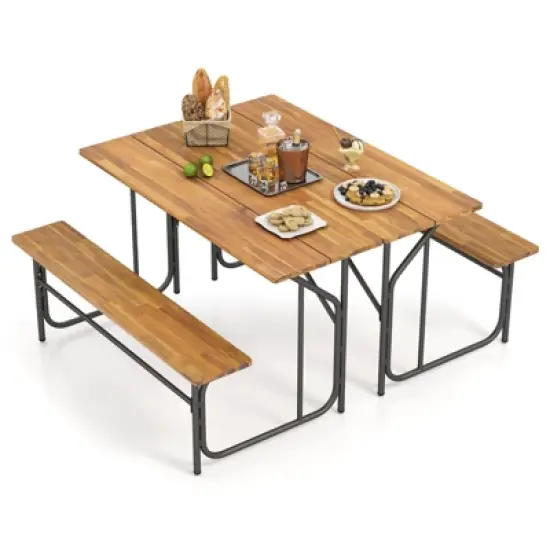 Tangkula 2PCS Table Bench Set for 2 Picnic Table & Loveseat w/Acacia Wood Top Metal Legs image {10}
