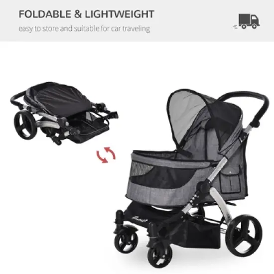 PawHut Pet Stroller Foldable Dog Cat Travel Carriage with Adjustable Handlebar PVC Wheel Brake Storage Bag Mesh Window Safety Leash Aluminum gray image {7}