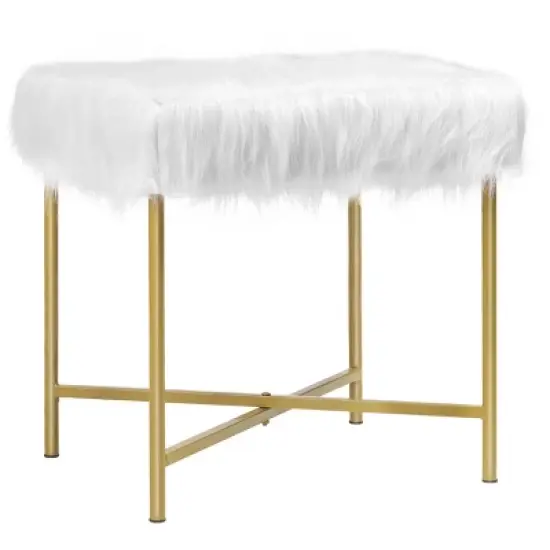 Costway Faux Fake Fur Stool Ottoman Footrest Stool Decorative with Metal Legs GreyPinkWhite image {9}