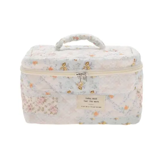 Unique Bargains Floral Handheld Quilting Makeup Bag White Blue 1 Pc image {3}