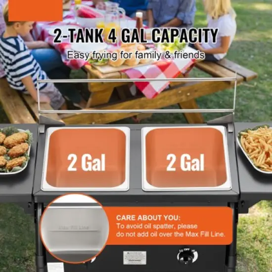 VEVOR Outdoor Propane Deep Fryer, Double Burners Commercial Fryer, 16 Qt Stainless Steel Cooker with Removable Baskets & Lids & Tanks image {6}