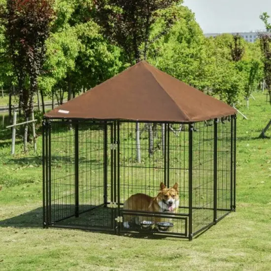 PawHut Outdoor Dog Kennel, Puppy Play Pen with Canopy Garden Playpen Fence Crate Enclosure Cage Rotating Bowl, Black image {2}