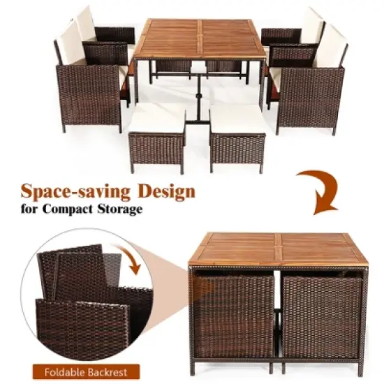Costway 9PCS  Acacia Wood Patio Rattan Dining Set Cushioned Chairs Ottoman image {5}