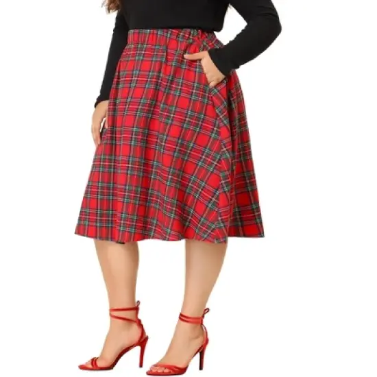 Agnes Orinda Women's Plus Size Velvet Plaid A-Line Elastic Waist Flare Skirts image {5}