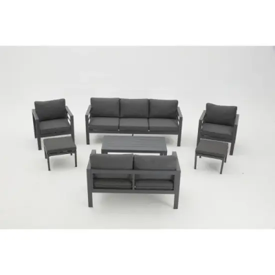 COWLOWN 7 Piece Black Aluminum Modern Outdoor Patio Furniture Set with Coffee Table and Dark Grey Cushions, Ideal for Balcony, Porch, Lawn and Yard image {7}