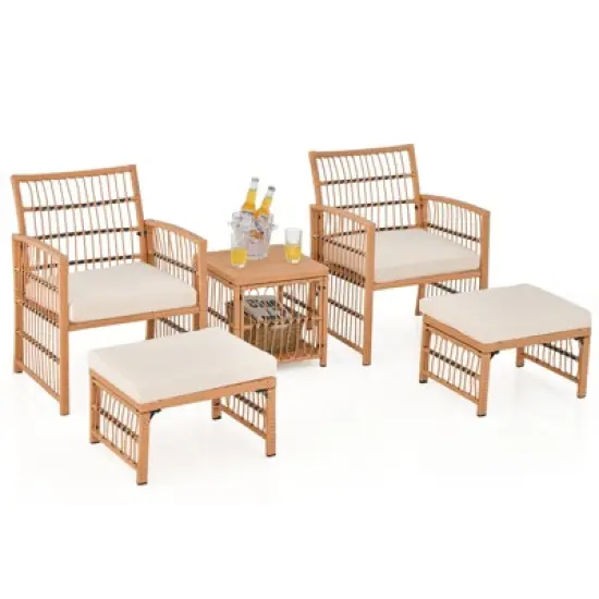 Tangkula 5 Piece Patio Wicker Sofa Set Outdoor Rattan Conversation Set with Seat Cushions 2-Tier Coffee Table & 2 Ottomans image {1}