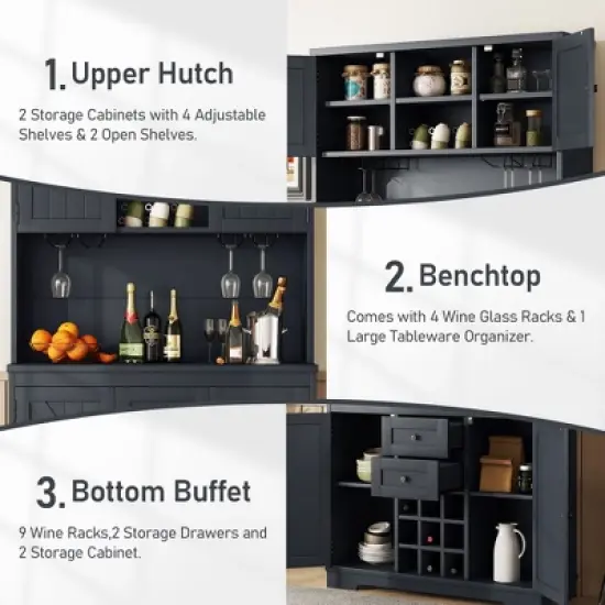 Gulches Timeless Multi Functional Coffee and Wine Bar Cabinet Open Shelves, 9 Grid Bottle Holders, 6 Hooks and Durable Build image {8}
