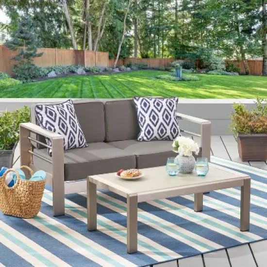 GDFStudio Martha Outdoor Aluminum Loveseat and Coffee Table Set with Cushions image {8}