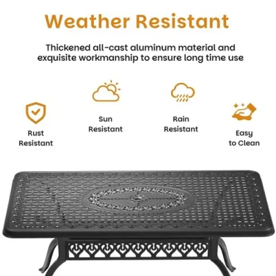 7-Piece Cast Aluminum Outdoor Dining Set with Blue Cushions, Rectangle Table & Stackable Chairs - for Patio, Backyard image {3}