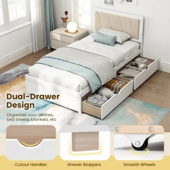 Costway Twin Size Bed Frame with 2 Storage Drawers Upholstered Headboard Wood Structure image {8}