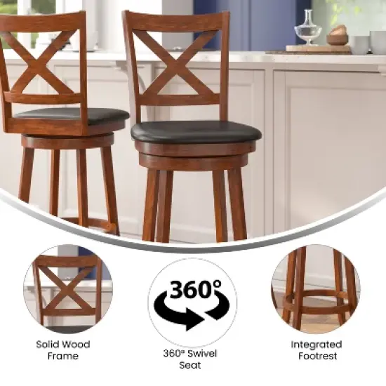 Merrick Lane 30" Classic Wooden Crossback Swivel Bar Height Pub Stool with Upholstered Padded Seat and Integrated Footrest image {5}