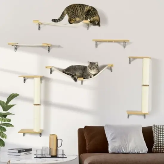PawHut Unique Cat Tree Made From Cat Shelves with 8 Levels for More Height, Wall-Mounted Cat Tree Climbing Playground, Cat Hammocks, Modern Cat Tree image {2}