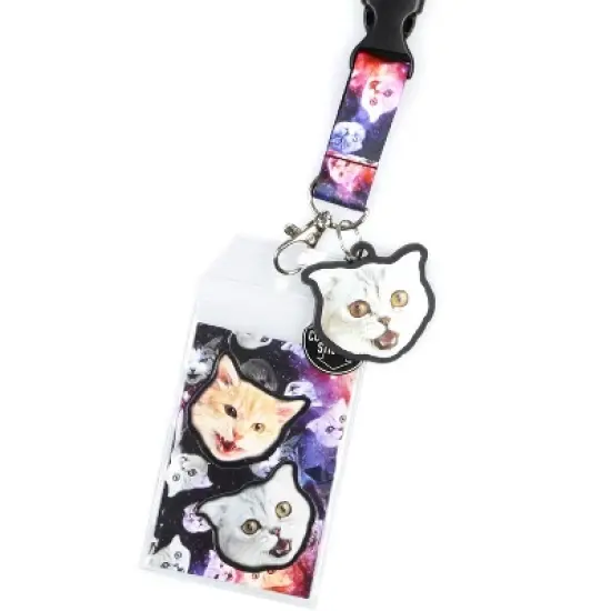 Space Cat Galaxy Breakaway Lanyard W/ Charm Clear ID Badge Holder Keychain image {1}