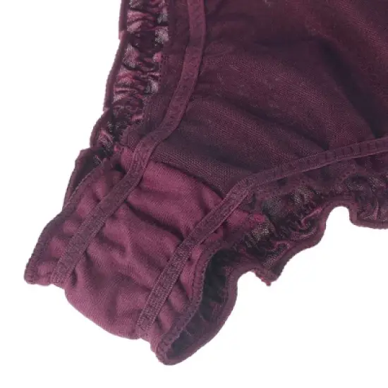 Agnes Orinda Women Plus Mid-Rise Frill Trim Elastic Waist Satin Bikini Dark Red Thong Small image {2}