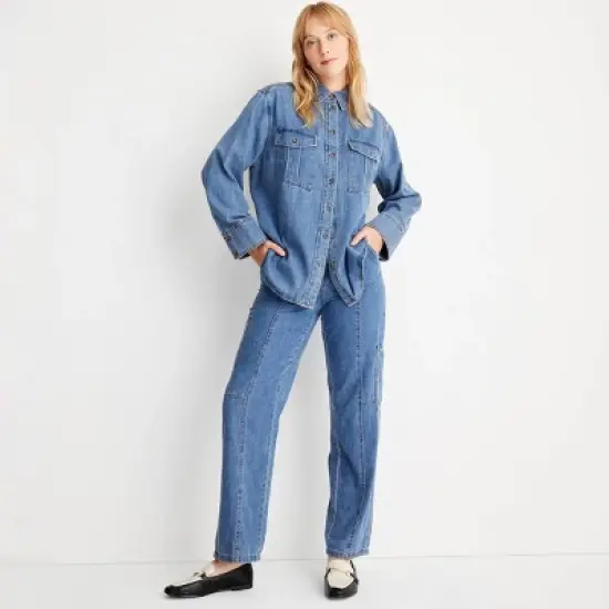 Women's Long Sleeve Denim Button-Down Shirt - Future Collective&trade; with Reese Blutstein Blue image {2}