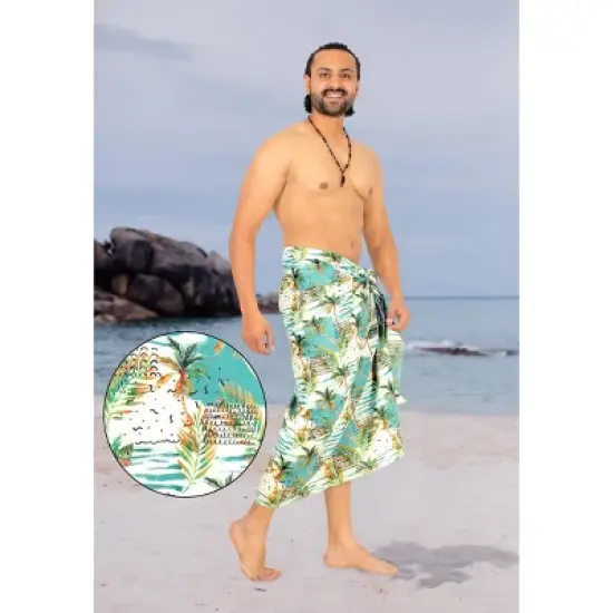 HAPPY BAY Men's Cotton Linen Effect Sulu Beach Wrap Sarong Bathing Suit Cover Up Summer Samoan Pareo For Men One Size Blue, Tree image {1}