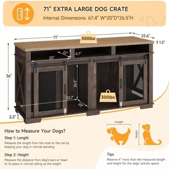 71" Dog Crate Furniture, Double Dog Crate Table, Double Dog Kennel Furniture With 3 Storages And Removable Divider For Large Medium Dogs image {3}
