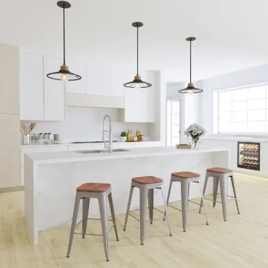 Merrick Lane 24 Inch Tall Stackable Metal Bar Counter Stool With Textured Elm Wood Seat In Set Of 4 image {1}