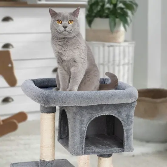 PAWBEE 33" Cat Tree House - 2 Condos & 2 Sisal Scratching Posts - Cat Scratching Post Tower With Ex-Large Plush Perch - Sturdy Base & Anti-Tip Strap image {5}