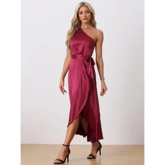 INSPIRE CHIC Women's Satin Sleeveless One Shoulder Belted Split Ruffle Evening Cocktail Dress image {2}