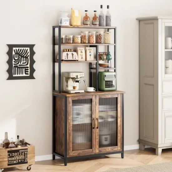 64.5" Kitchen Bakers Rack with Storage Cabinet, 5-Tier Microwave Stand with Fluted Glass Doors, Freestanding Industrial Coffee Bar Station, Retro image {5}