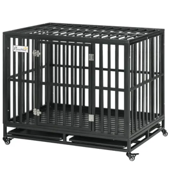 PawHut Heavy Duty Dog Cage Metal Kennel and Crate Dog Playpen with Lockable Wheels, Slide-out Tray and Anti-Pinching Floor image {3}
