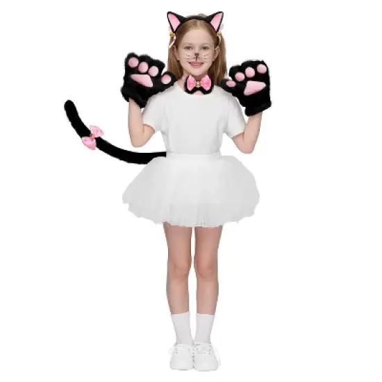 Joyfy 5 Pcs Kitty Cat Halloween Costume Accessory Set for Adult, Kids, Cat Ears Headband, Paws Gloves, Bow Tie, Tail, Cosplay Dress Up Party image {3}