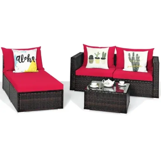 5PCS Patio Rattan Furniture Set Sectional Conversation Sofa w/ Coffee Table Red\ Navy image {5}