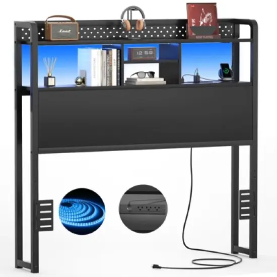 Aheaplus Storage Headboard with Led Lights & Charging Station image {6}