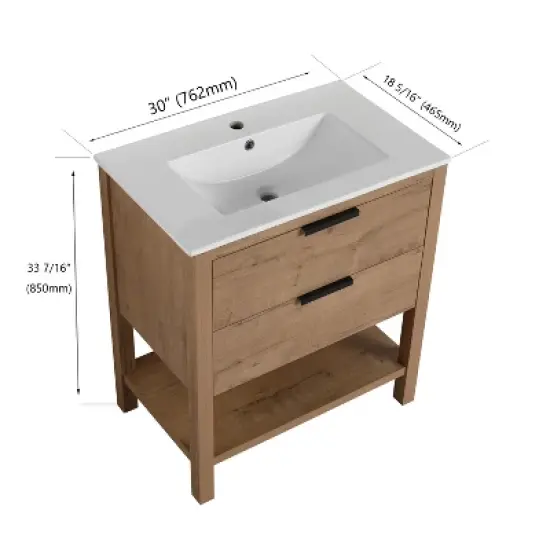 30" Bathroom Vanity with 2 Drawers and 1 Ceramic Sink, Oak - ModernLuxe image {3}