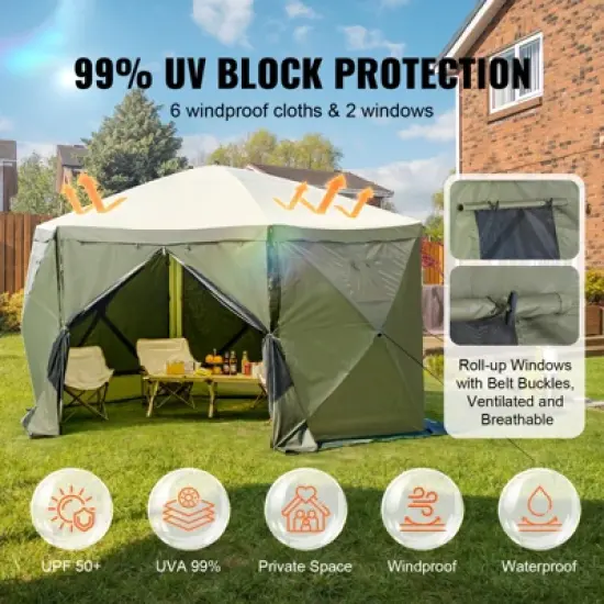 VEVOR Pop Up Gazebo Tent, Pop-Up Screen Tent 6 Sided Canopy Sun Shelter with 6 Removable Privacy Wind Cloths & Mesh Windows, Army Green image {2}